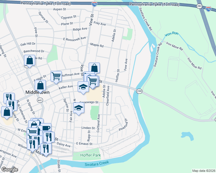 map of restaurants, bars, coffee shops, grocery stores, and more near 315 Clearfield Avenue in Middletown