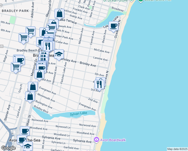 map of restaurants, bars, coffee shops, grocery stores, and more near 204 4th Avenue in Bradley Beach