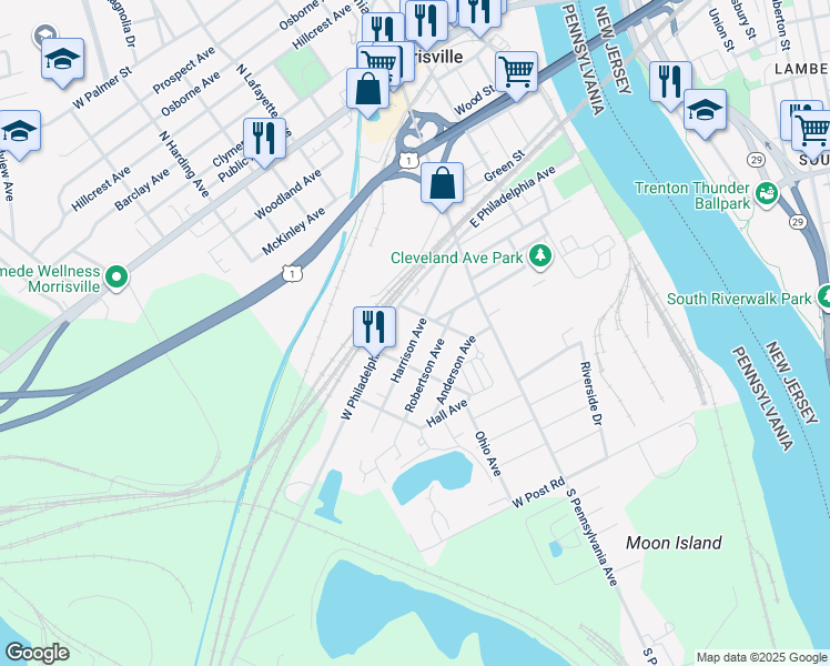 map of restaurants, bars, coffee shops, grocery stores, and more near 138 Harrison Avenue in Morrisville