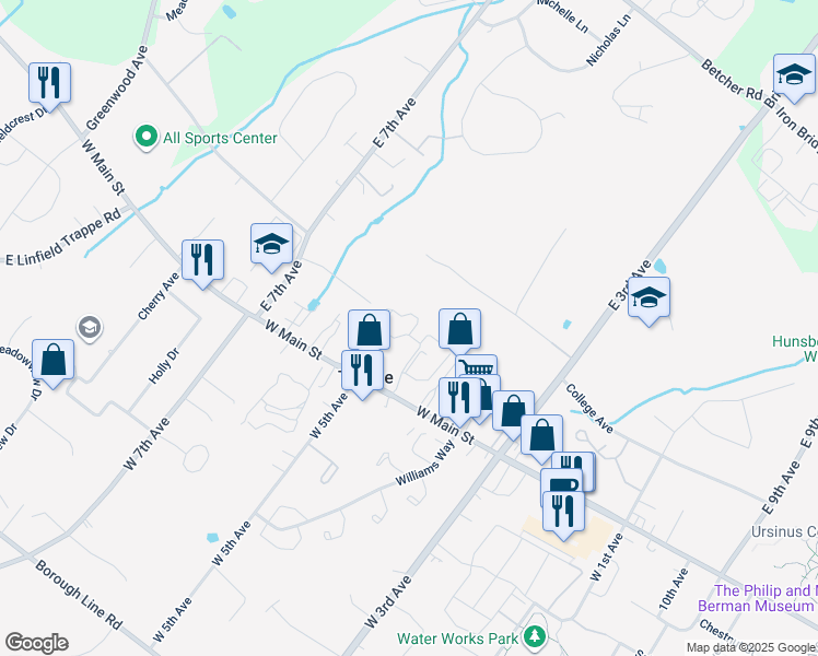 map of restaurants, bars, coffee shops, grocery stores, and more near 180 Harvard Drive in Collegeville