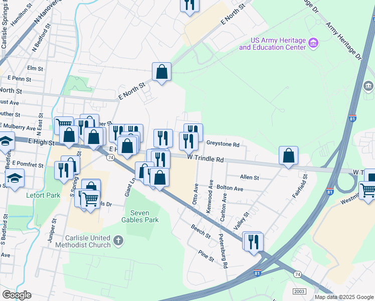 map of restaurants, bars, coffee shops, grocery stores, and more near 2118 East High Street in Carlisle