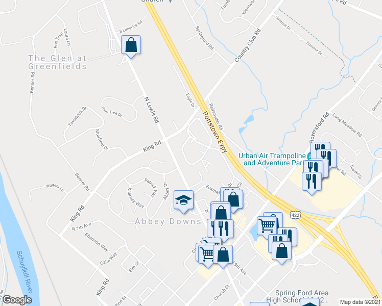 map of restaurants, bars, coffee shops, grocery stores, and more near 1811 Foxmeadow Circle in Royersford