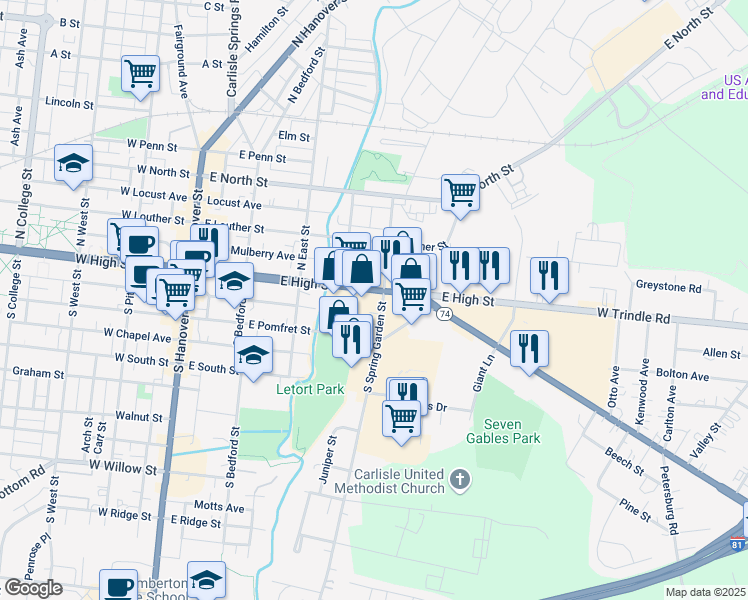map of restaurants, bars, coffee shops, grocery stores, and more near 398 East High Street in Carlisle