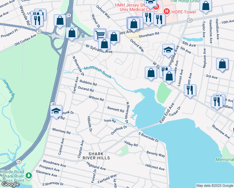 map of restaurants, bars, coffee shops, grocery stores, and more near 111 Durand Road in Neptune City
