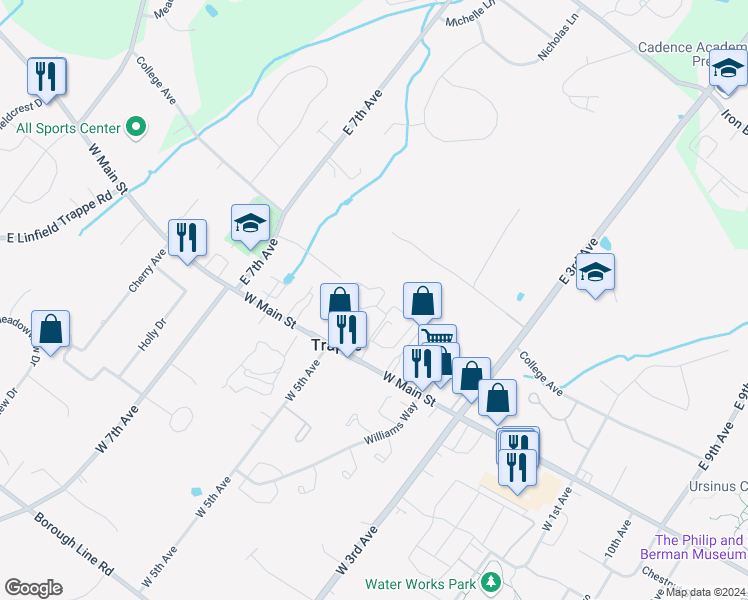 map of restaurants, bars, coffee shops, grocery stores, and more near 180 Harvard Drive in Collegeville