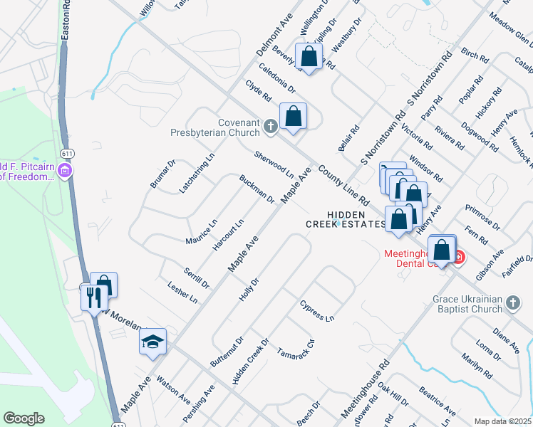 map of restaurants, bars, coffee shops, grocery stores, and more near 18 Maple Avenue in Hatboro