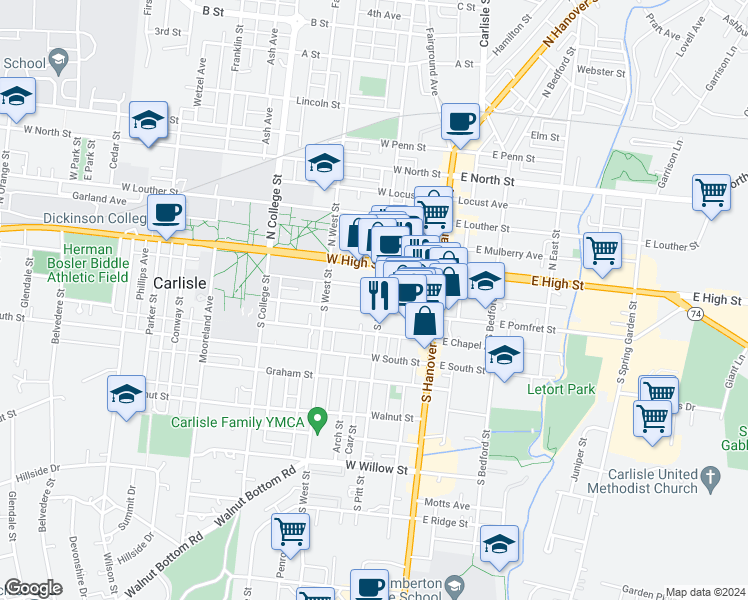 map of restaurants, bars, coffee shops, grocery stores, and more near 52 South Pitt Street in Carlisle