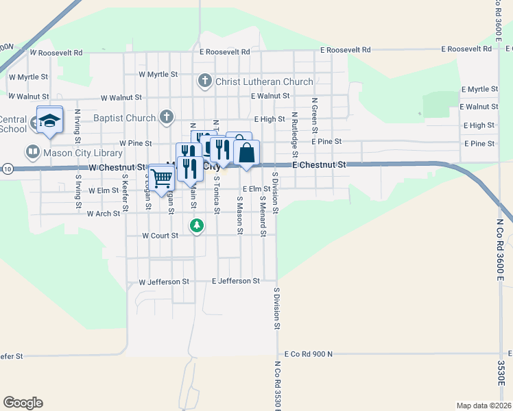 map of restaurants, bars, coffee shops, grocery stores, and more near 335-399 East Arch Street in Mason City