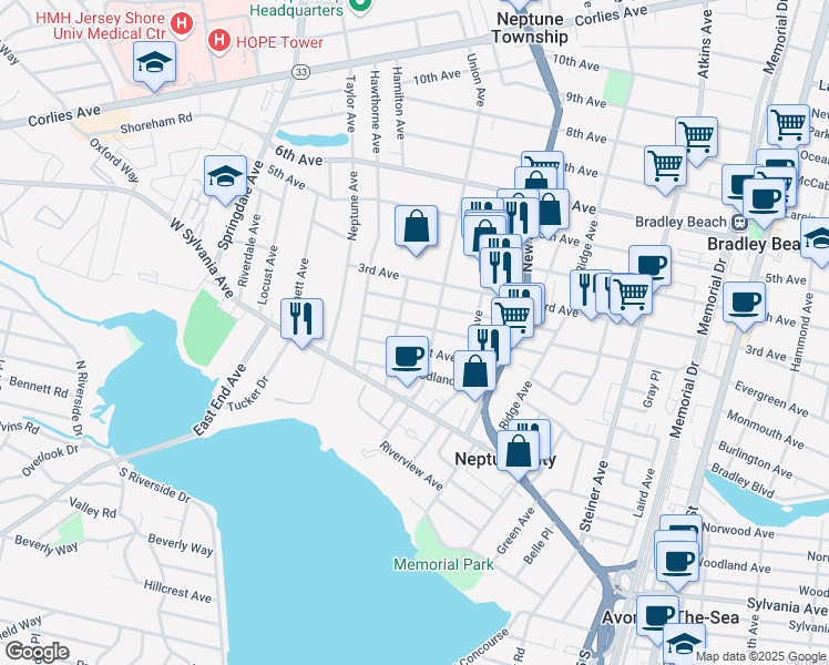 map of restaurants, bars, coffee shops, grocery stores, and more near 121 Hillside Avenue in Neptune City