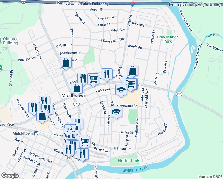 map of restaurants, bars, coffee shops, grocery stores, and more near 324 North Race Street in Middletown