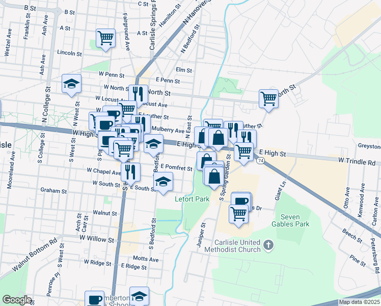 map of restaurants, bars, coffee shops, grocery stores, and more near 45 South East Street in Carlisle
