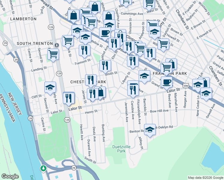 map of restaurants, bars, coffee shops, grocery stores, and more near 1926 Chestnut Avenue in Trenton