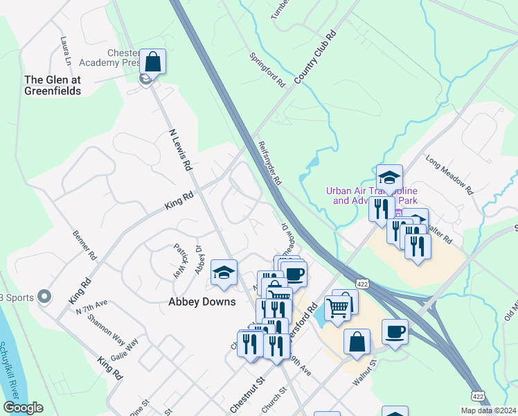 map of restaurants, bars, coffee shops, grocery stores, and more near 1104 Foxmeadow Drive in Royersford