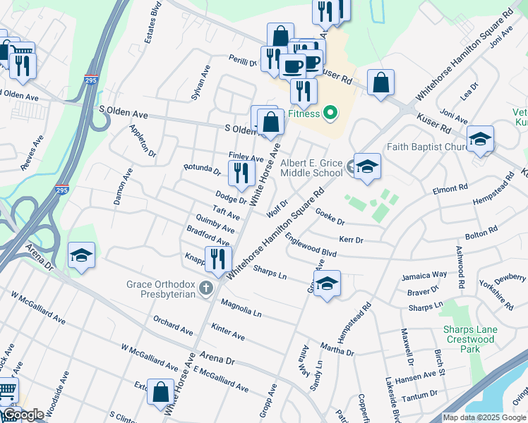 map of restaurants, bars, coffee shops, grocery stores, and more near 2 Godfrey Drive in Trenton