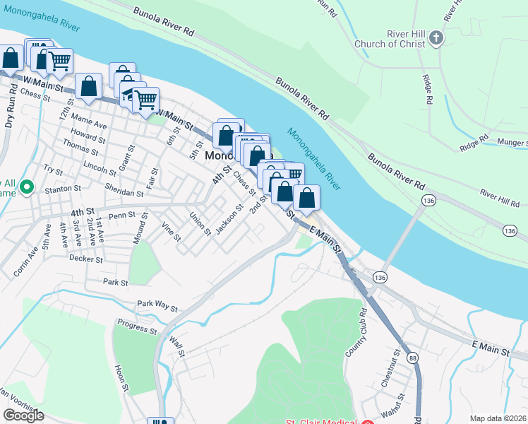 map of restaurants, bars, coffee shops, grocery stores, and more near 124 Downer Street in Monongahela