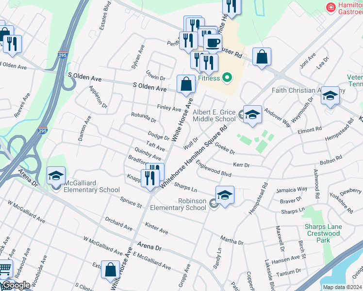 map of restaurants, bars, coffee shops, grocery stores, and more near 2 Godfrey Drive in Trenton