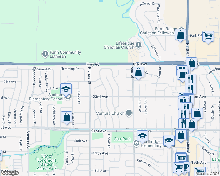 map of restaurants, bars, coffee shops, grocery stores, and more near 2333 Bowen Street in Longmont