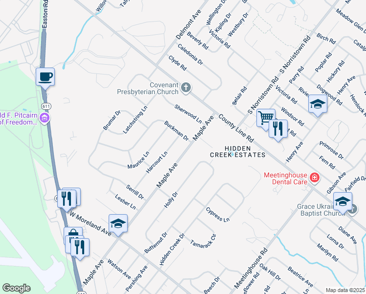 map of restaurants, bars, coffee shops, grocery stores, and more near 18 Maple Avenue in Hatboro