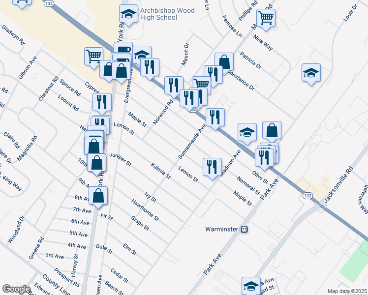 map of restaurants, bars, coffee shops, grocery stores, and more near 498 Sunnemeade Avenue in Warminster