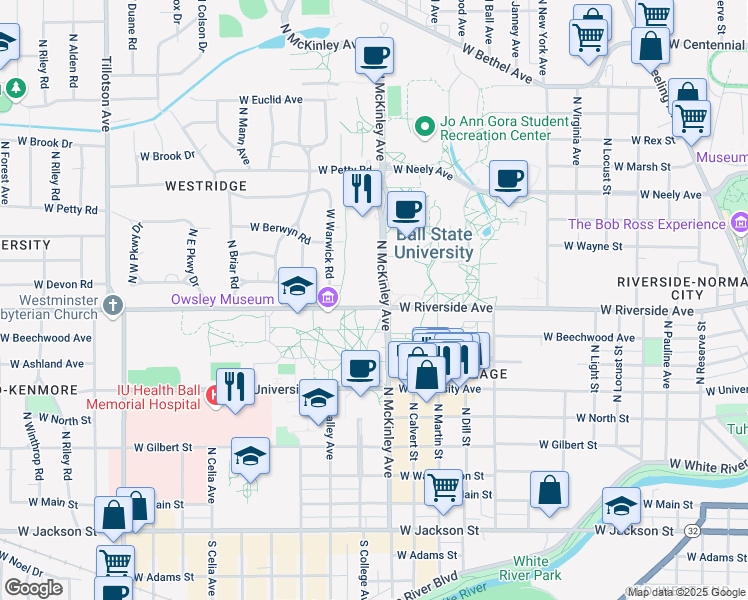 map of restaurants, bars, coffee shops, grocery stores, and more near 881-959 North McKinley Avenue in Muncie