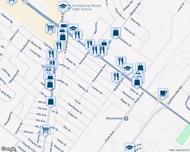map of restaurants, bars, coffee shops, grocery stores, and more near 498 Sunnemeade Avenue in Warminster