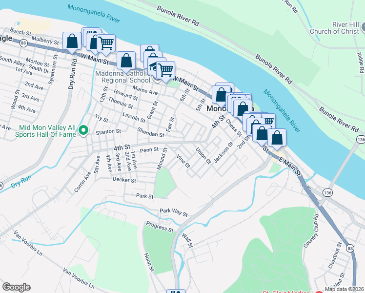 map of restaurants, bars, coffee shops, grocery stores, and more near 310 Anton Street in Monongahela