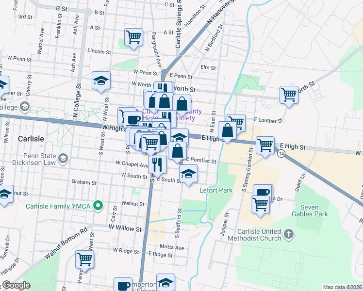 map of restaurants, bars, coffee shops, grocery stores, and more near 52 South Bedford Street in Carlisle