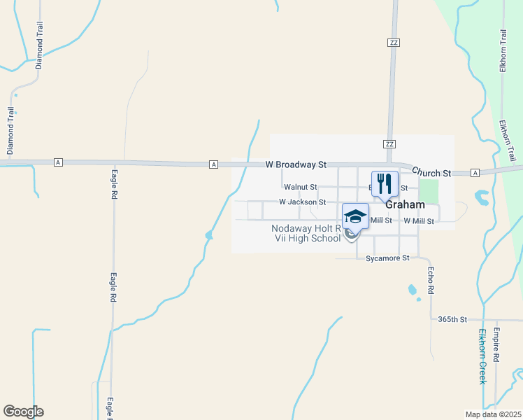 map of restaurants, bars, coffee shops, grocery stores, and more near 600-698 West Mill Street in Graham