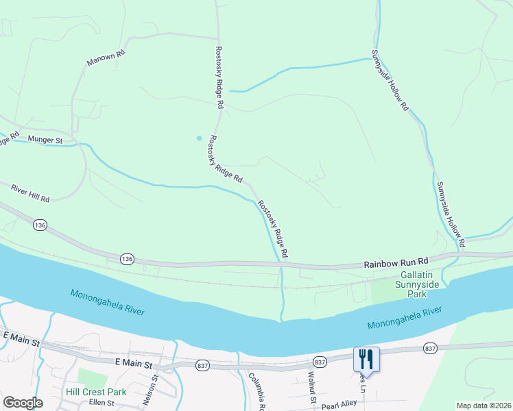 map of restaurants, bars, coffee shops, grocery stores, and more near 4324 Rostosky Ridge Road in Monongahela