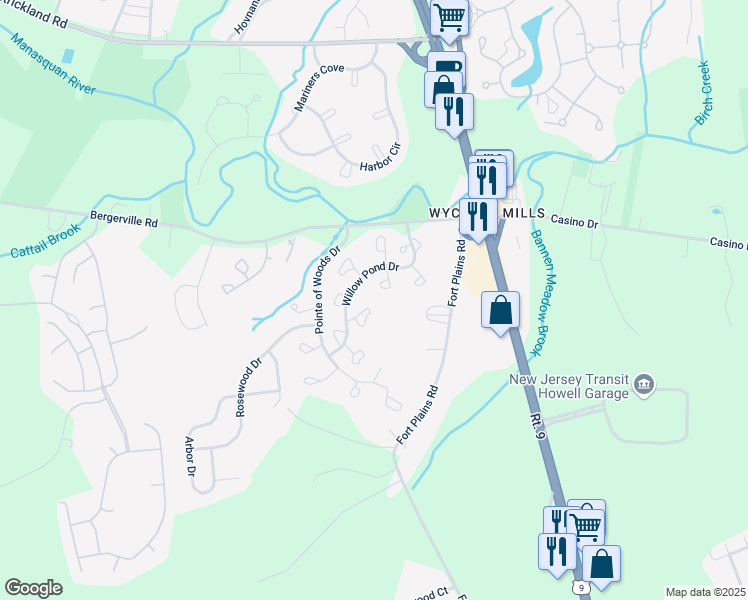 map of restaurants, bars, coffee shops, grocery stores, and more near 115 Cypress Court in Howell