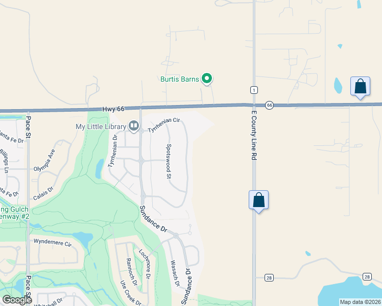 map of restaurants, bars, coffee shops, grocery stores, and more near 2360 Tyrrhenian Circle in Longmont