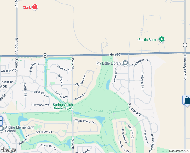 map of restaurants, bars, coffee shops, grocery stores, and more near 2308 Calais Drive in Longmont