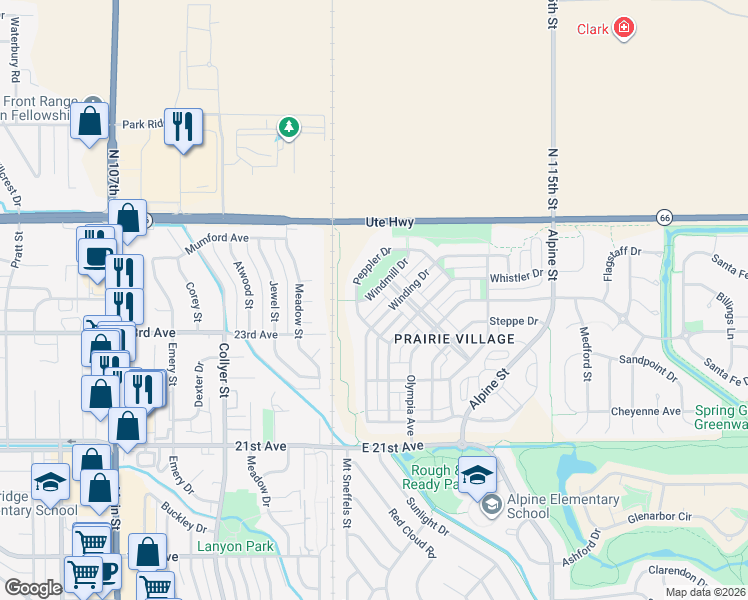 map of restaurants, bars, coffee shops, grocery stores, and more near 2355 Winding Drive in Longmont