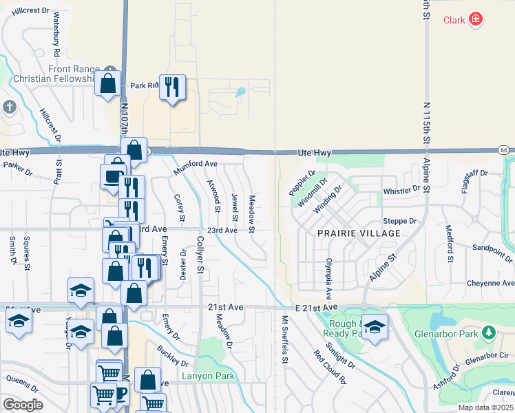 map of restaurants, bars, coffee shops, grocery stores, and more near 20 Martinez Place in Longmont