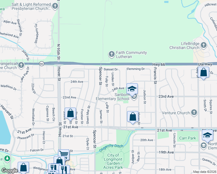 map of restaurants, bars, coffee shops, grocery stores, and more near 1813 24th Avenue in Longmont