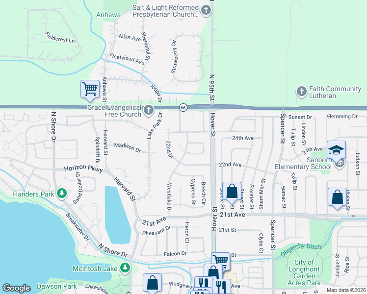 map of restaurants, bars, coffee shops, grocery stores, and more near 2401 Mapleton Circle in Longmont