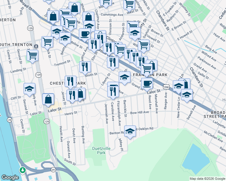 map of restaurants, bars, coffee shops, grocery stores, and more near 3 Dayton Street in Trenton