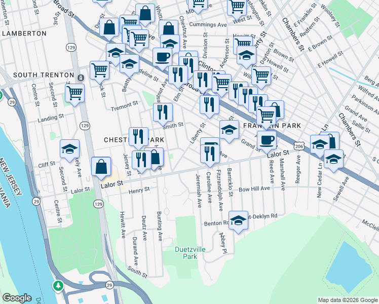 map of restaurants, bars, coffee shops, grocery stores, and more near in Trenton