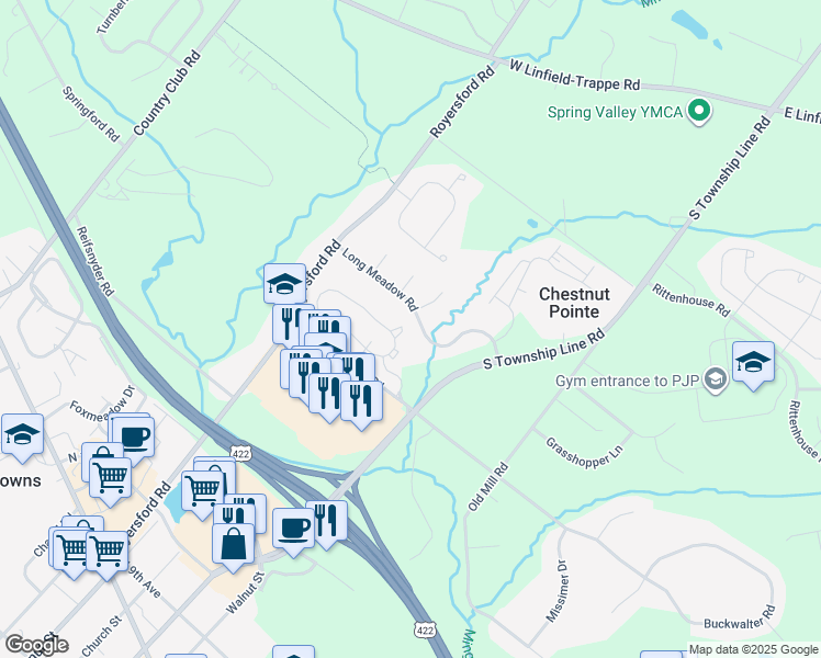 map of restaurants, bars, coffee shops, grocery stores, and more near 108 Brooke Drive in Royersford