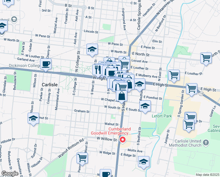 map of restaurants, bars, coffee shops, grocery stores, and more near 76 West Pomfret Street in Carlisle