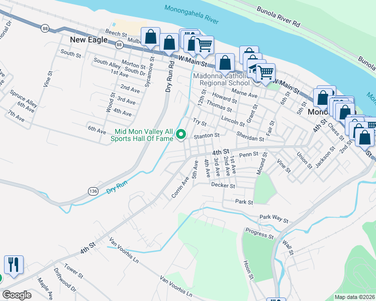 map of restaurants, bars, coffee shops, grocery stores, and more near 1039 4th Street in Monongahela