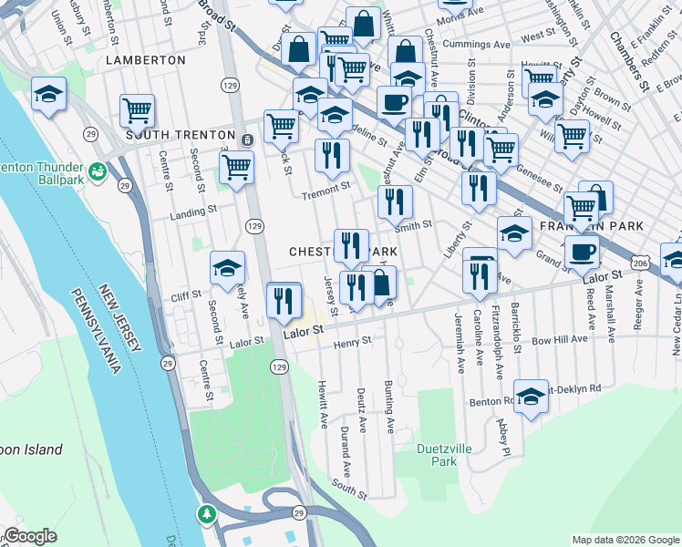 map of restaurants, bars, coffee shops, grocery stores, and more near 915 Beatty Street in Trenton