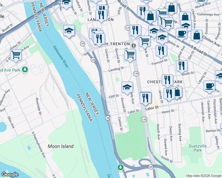 map of restaurants, bars, coffee shops, grocery stores, and more near 700 Centre Street in Trenton