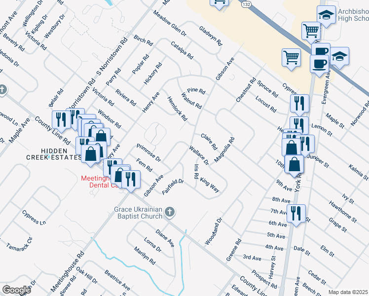 map of restaurants, bars, coffee shops, grocery stores, and more near 194 Gibson Avenue in Warminster