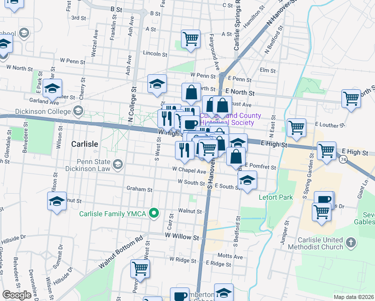 map of restaurants, bars, coffee shops, grocery stores, and more near 45 South Pitt Street in Carlisle