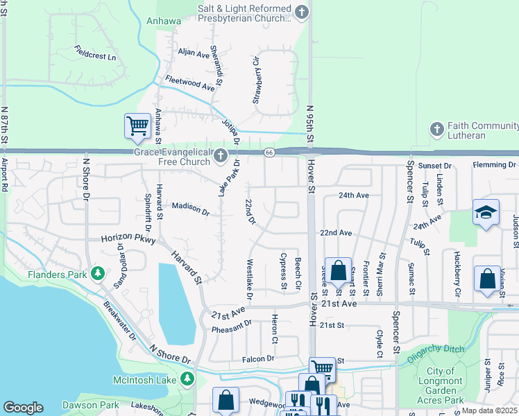 map of restaurants, bars, coffee shops, grocery stores, and more near 2401 Mapleton Circle in Longmont