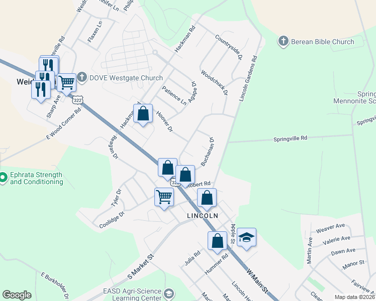 map of restaurants, bars, coffee shops, grocery stores, and more near 313 Buchanan Drive in Ephrata