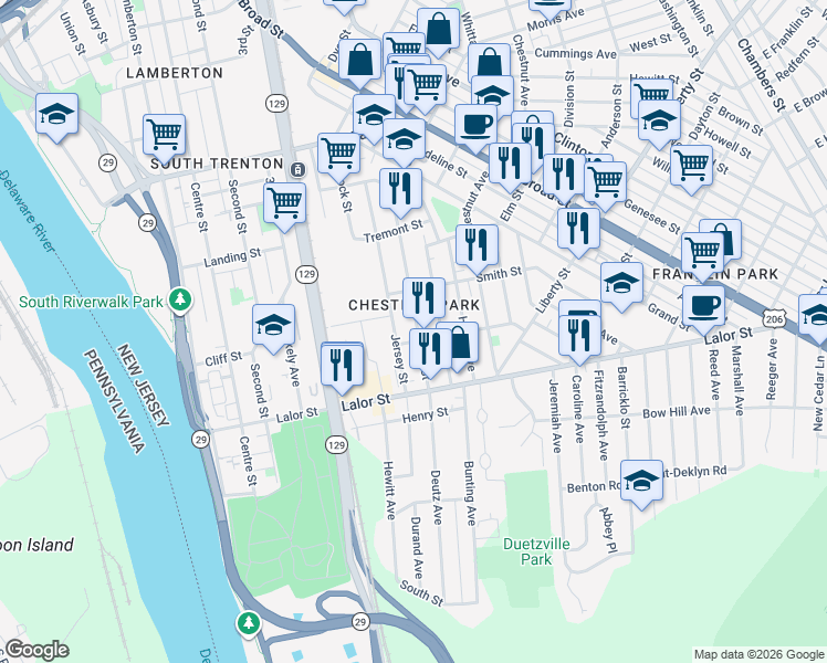 map of restaurants, bars, coffee shops, grocery stores, and more near 915 Beatty Street in Trenton