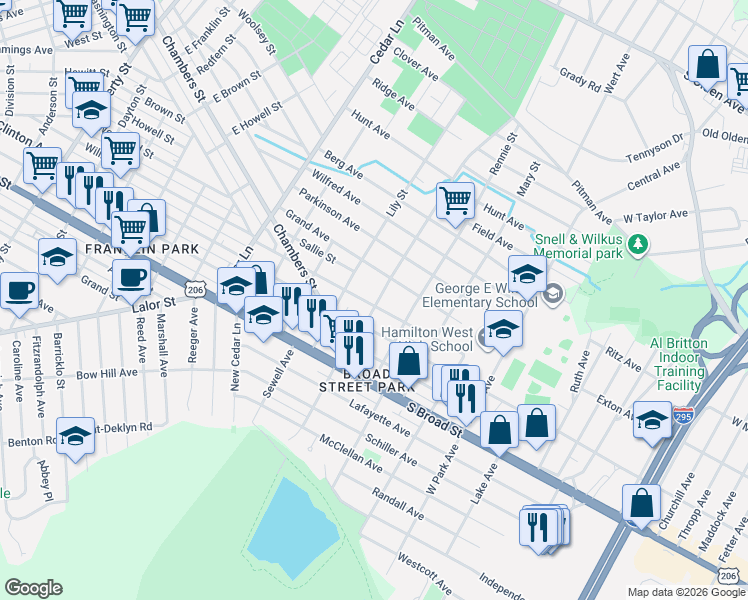map of restaurants, bars, coffee shops, grocery stores, and more near 2336 South Clinton Avenue in Hamilton Township