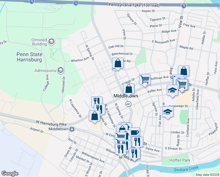 map of restaurants, bars, coffee shops, grocery stores, and more near 447 North Spring Street in Middletown
